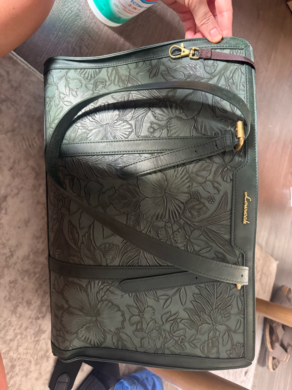 Embossed Floral Leather Tote in Deep Green by LANCEL